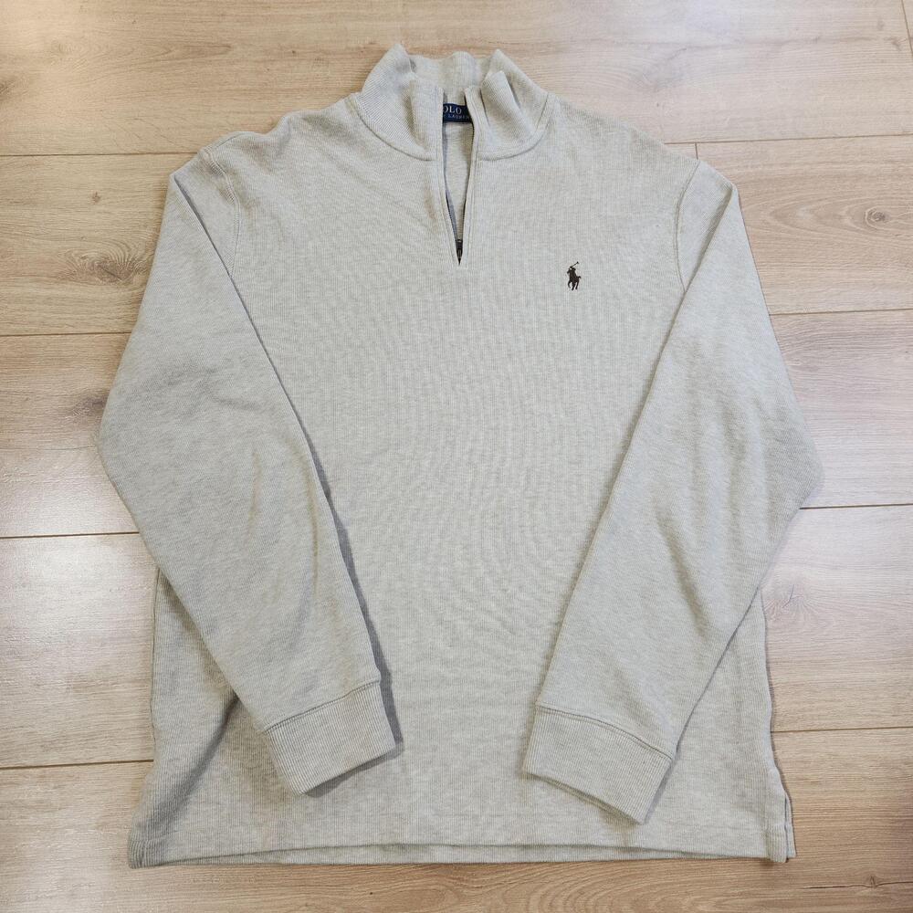 Polo Ralph Lauren Sweater Mens Medium Gray 1/4 Zip Mock Neck Cotton Knit Casual
